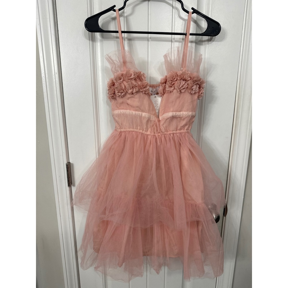 Mable PS I Love You Tulle Dress Blush Pink 3D Floral Tiered Mini Dress Womens M - Picture 1 of 7